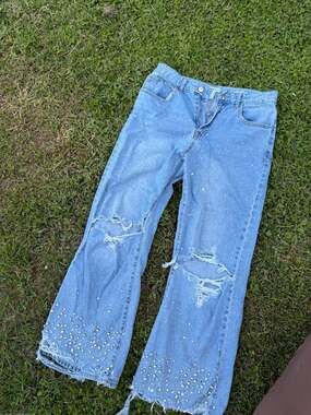 Forever 21 Premium Rhinestone High-Rise Distressed Wide Leg Jeans